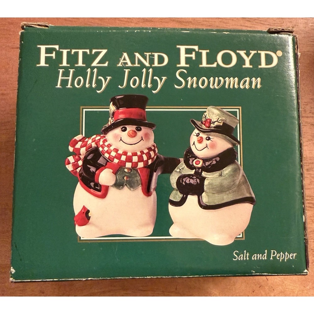 Fitz & Floyd Holly Jolly Snowman Ceramic Hand Painted Salt & Pepper Shakers IOB